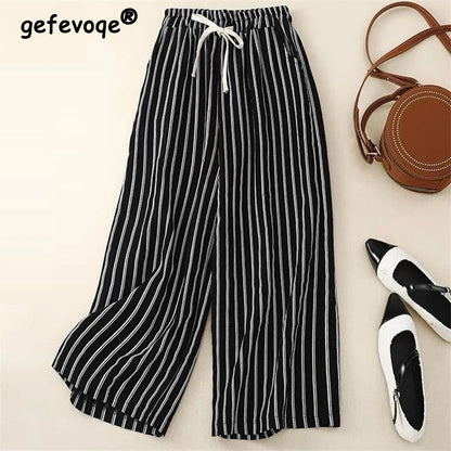 2024 Summer Women Vintage Striped Cotton Linen Beach Wide Leg Pants Female Casual High Waist Loose Straight Trousers Pantalones