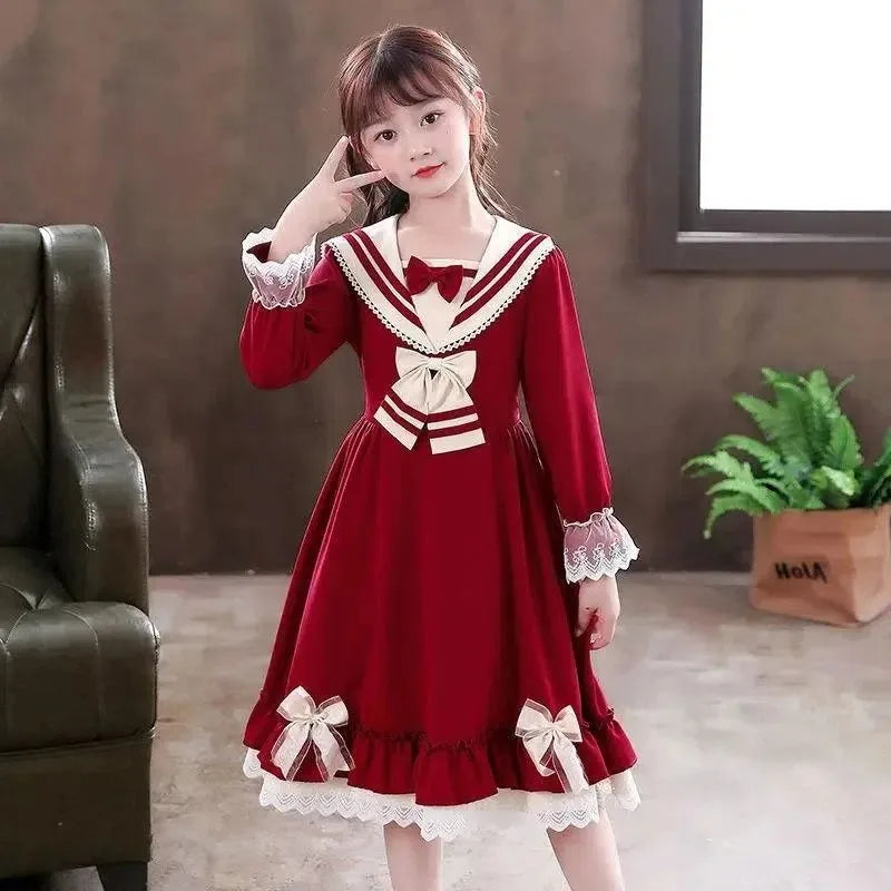 Girls' 2025 Spring/Autumn New Lolita Style Chic Bow Accented Long Sleeve Princess Dress for 4-12Y