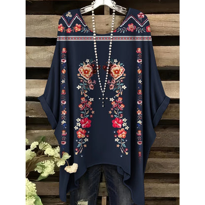 Bohemian Floral Tunic Plus Size Women's Bohemian Floral Print Tunic T-Shirt Short Sleeve Round Neck Casual Top Vibrant 2025