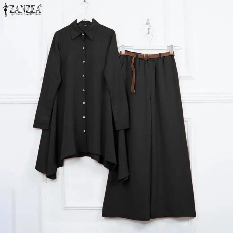 ZANZEA Women's Casual Pant Suits Oversized Long Sleeve Asymmetric Shirt & Wide Leg Pant 2 Pieces Sets Solid Commuting Outfits