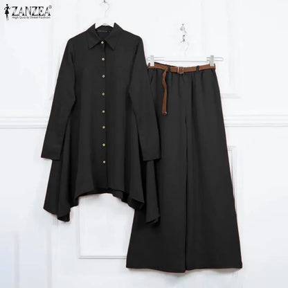 ZANZEA Women's Casual Pant Suits Oversized Long Sleeve Asymmetric Shirt & Wide Leg Pant 2 Pieces Sets Solid Commuting Outfits