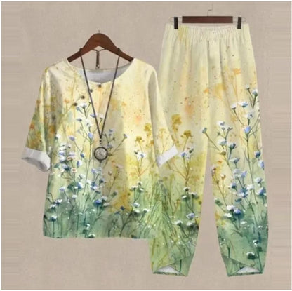 Summer Casual Two Piece Sets Women Loose Short Sleeve T-Shirt High Waist Pants Print Outfits Ladies Elegant Vintage top Pantsuit
