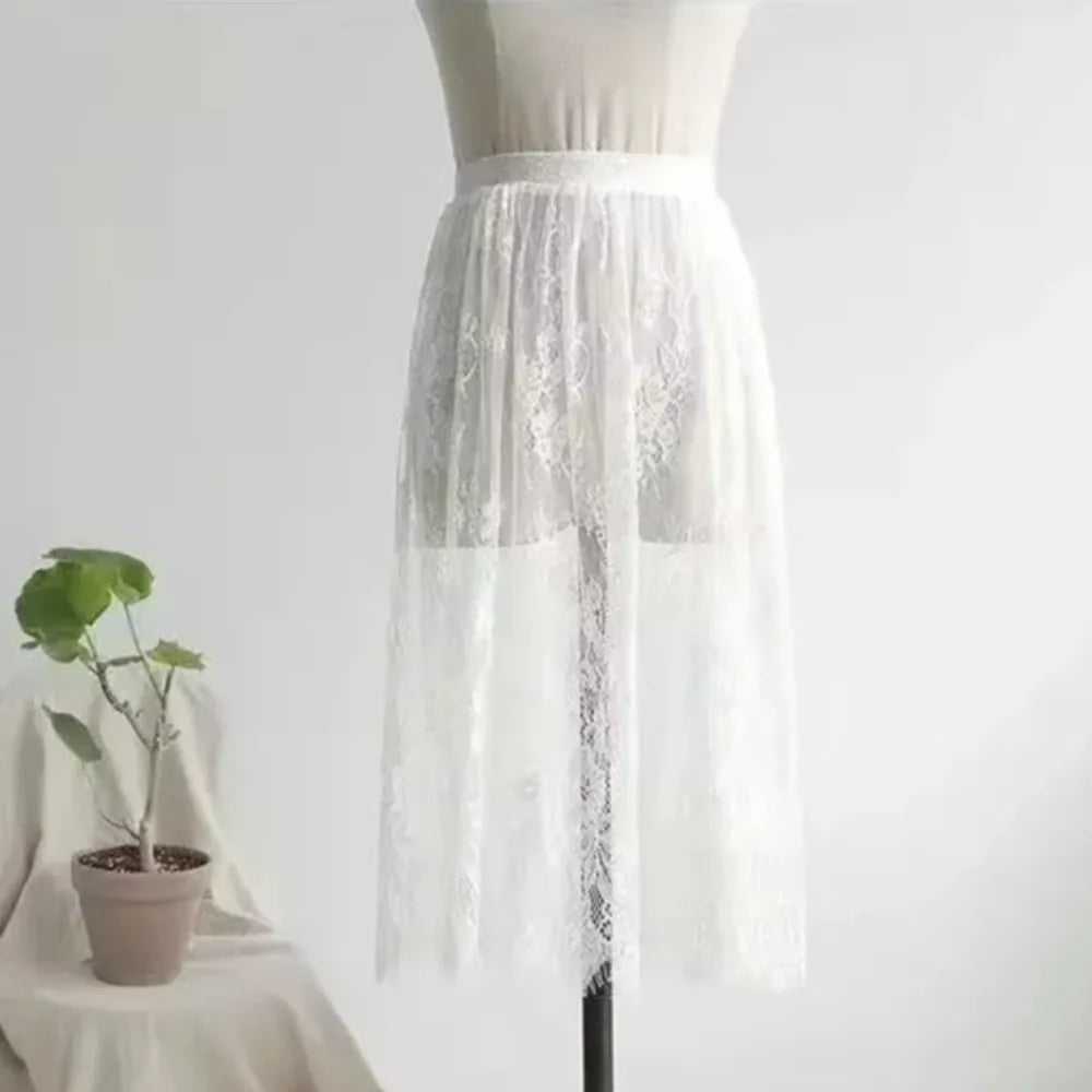 Fashion Transparent Sexy Lace Mesh Skirt Elegant Lace Long Tulle Skirt Ladies Elastic High Waist Womens Skirt Ladies