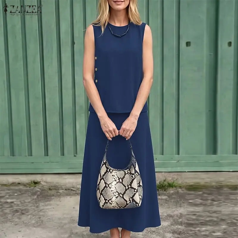 Stylish O Neck Sleeveless Tanks Tops Dress Sets ZANZEA Summer Women 2 Pieces Outfits Tracksuit Casual  Solid Color Skirt Suit