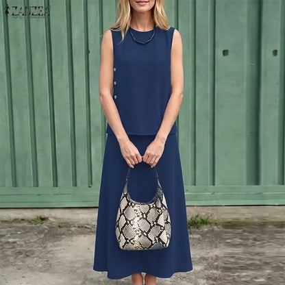 Stylish O Neck Sleeveless Tanks Tops Dress Sets ZANZEA Summer Women 2 Pieces Outfits Tracksuit Casual  Solid Color Skirt Suit