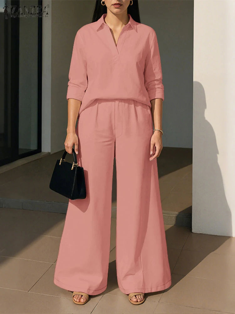2025 ZANZA Women Lapel Neck Long Sleeve Blouse Trousers Suit Autumn 2PCS Outfits 2 Pieces Sets Elegant Loose Wide Leg Pant Sets
