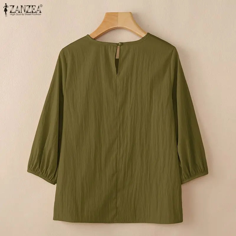 ZANZEA Summer 2026 Pleats Detailing Blouses Women O-Neck 3/4 Puff Sleeve Solid Color Tops Daily Casual Plain Blusas de Mujer