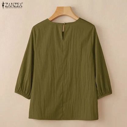 ZANZEA Summer 2026 Pleats Detailing Blouses Women O-Neck 3/4 Puff Sleeve Solid Color Tops Daily Casual Plain Blusas de Mujer