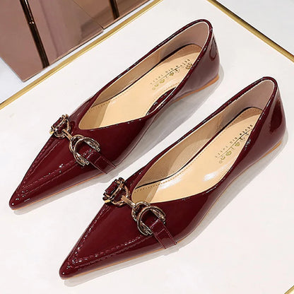 Luxury Metal Buckle Women Flats Lady Sexy Evening Party Shoes Patent Leather Flat Shoes Women Sharp Pointed Flat Heel Shoes 2026