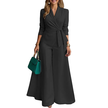 ZANZEA Women's Minimalist 2-Piece Pant Sets Elegant Long Sleeve Belted Blouse & Wide Leg Pant 2pcs Suits Office Work Co-ords