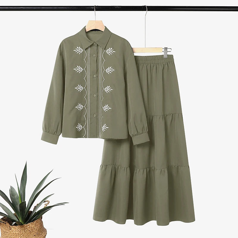 ZANZEA Women Muslim Two Piece Set Vintage Floral Embroidered Long Sleeve Button Blouse Tiered Maxi Skirt Modest Islamic Clothing