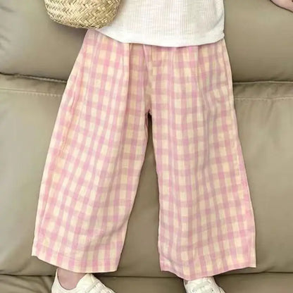 Girls' Thin Cotton Checkered Summer Pants Breathable Outdoor Straight Leg Wide Leg Mosquito Repellent Pants