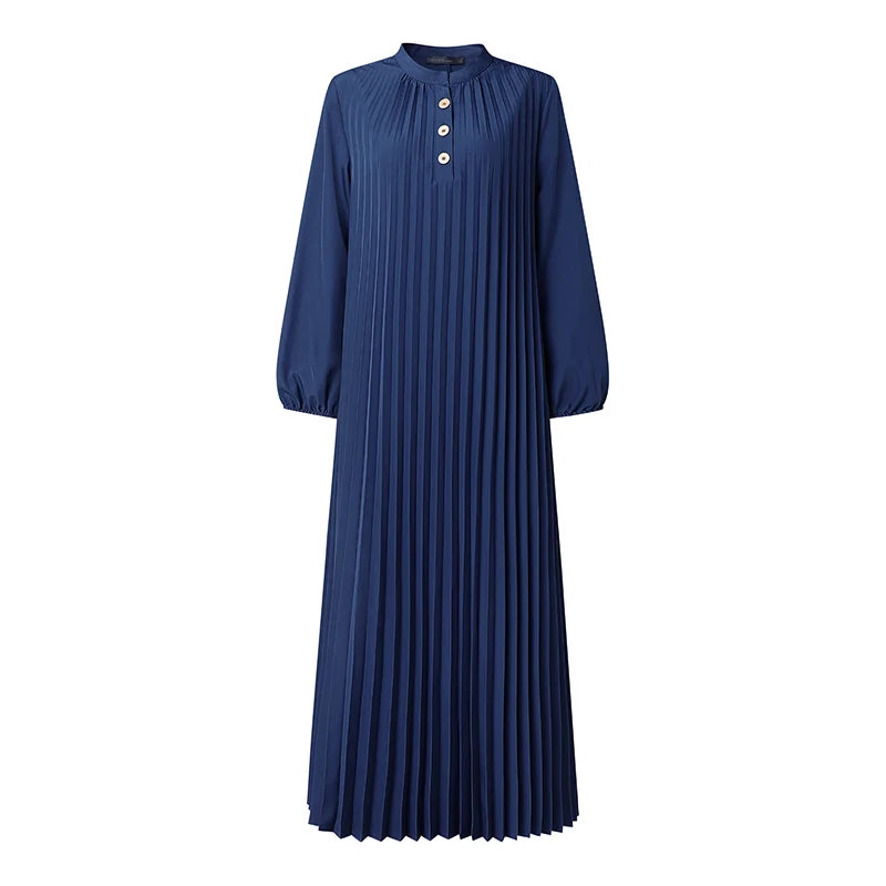 Fashion Muslim Abaya Dress ZANZEA Elegant Women Stand Neck Long Sleeve Pleated Sundress IsIamic Dubai Robe Casual Kaftan Ramadan