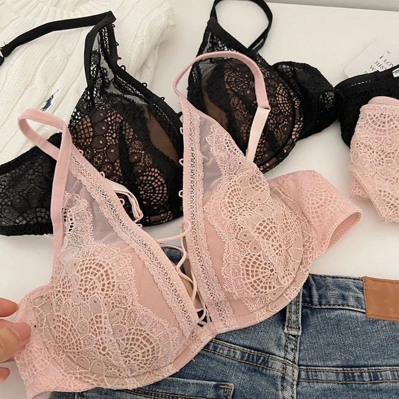 French Lace Bralette Set Small Bust Women Soft Wire Support Sexy Pure Hollow Out Lace Up Comfort T-Shirt Bra Everyday MOYISU AB