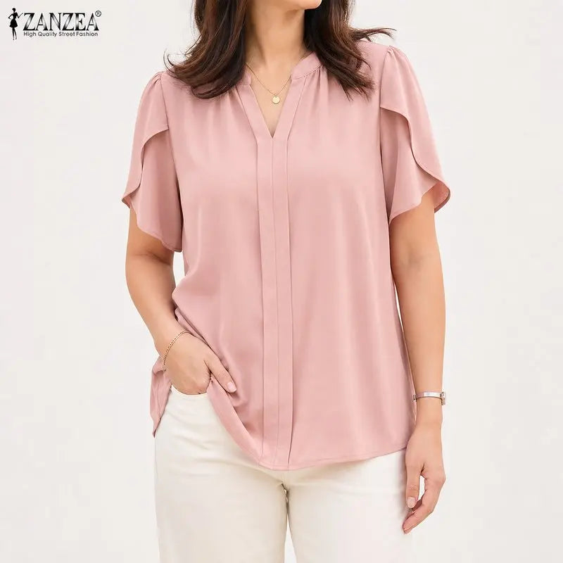 ZANZEA Women Blouse Summer Short Short Sleeve Tunic Top Pleated Elegant OL Casual Work V-Neck Solid Blusas Tunic Streetwear