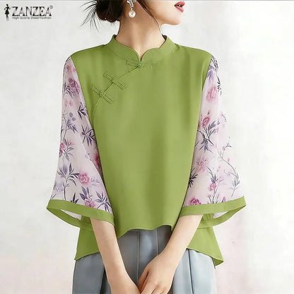 ZANZEA Vintage Style Blouses for Woman Mandarin Collar Floral Printed 3/4 Sleeve Tunic Tops Summer Elegant Blusas de Mujer