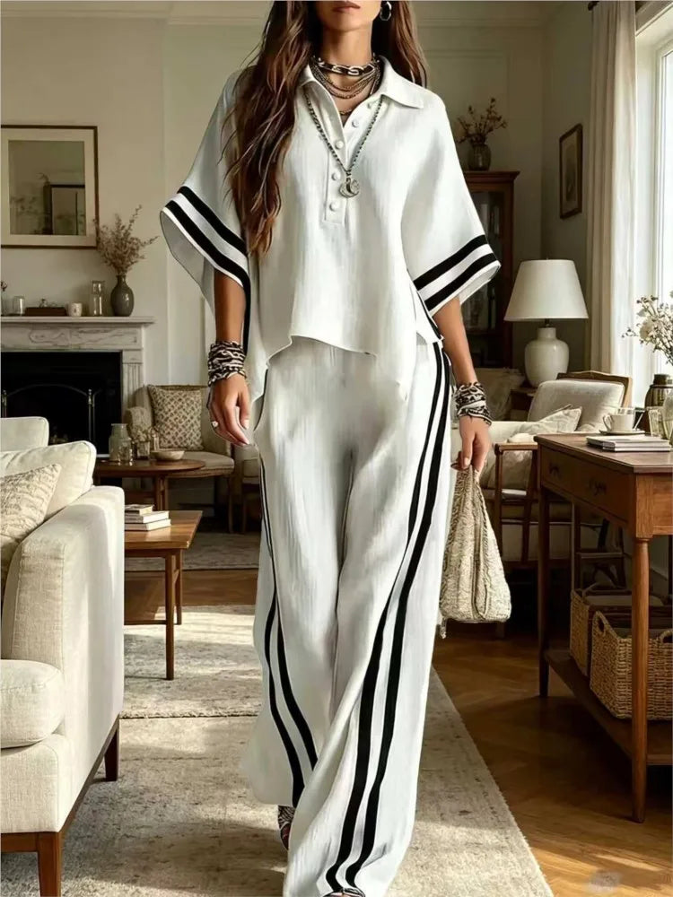 Spring Summer Women Short Sleeve Lapel Shirts Tops + Loose Striped Pants Female Casual Two-piece Clothing Set Casual Holiday Set