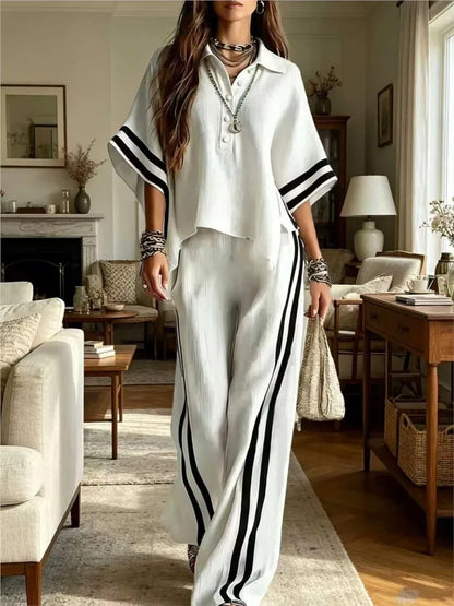 Spring Summer Women Short Sleeve Lapel Shirts Tops + Loose Striped Pants Female Casual Two-piece Clothing Set Casual Holiday Set