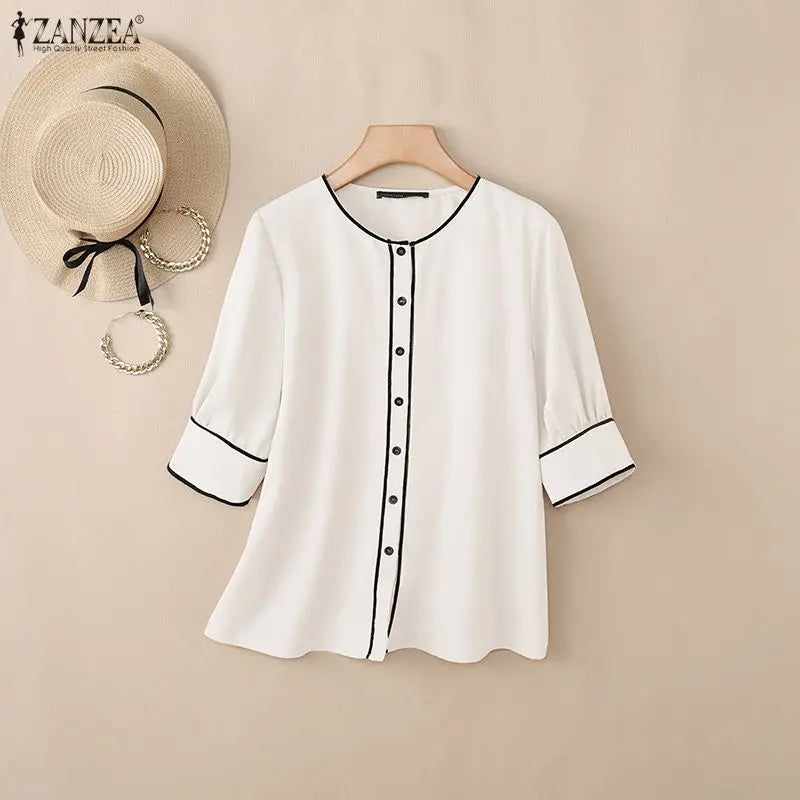 ZANZEA Women's Fashion Contrast-Trim Shirts 3/4 Sleeves O-Neck Button Up Casual Tops 2026 Summer Streetwear Chemises Femme