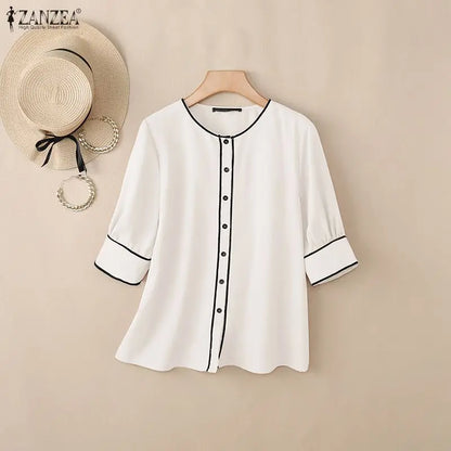 ZANZEA Women's Fashion Contrast-Trim Shirts 3/4 Sleeves O-Neck Button Up Casual Tops 2026 Summer Streetwear Chemises Femme