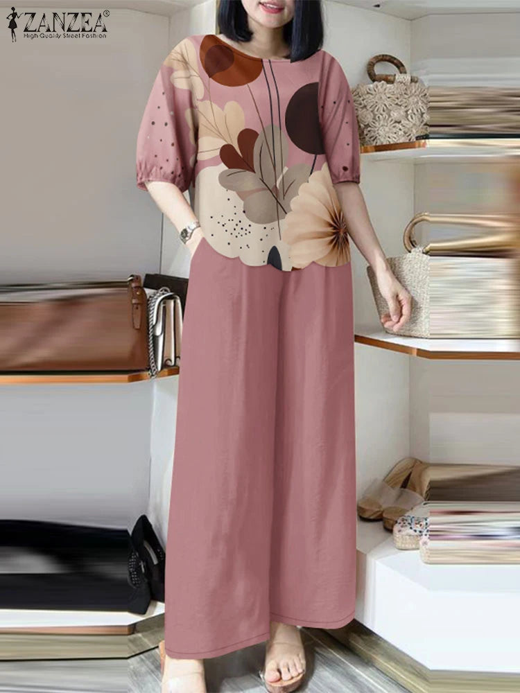 2026 ZANZEA Women Summer Pant Sets Half Sleeve Floral Print Blouse Casual Trouser Suit 2pcs Elegant Work Tracksuits 2-Piece Sets