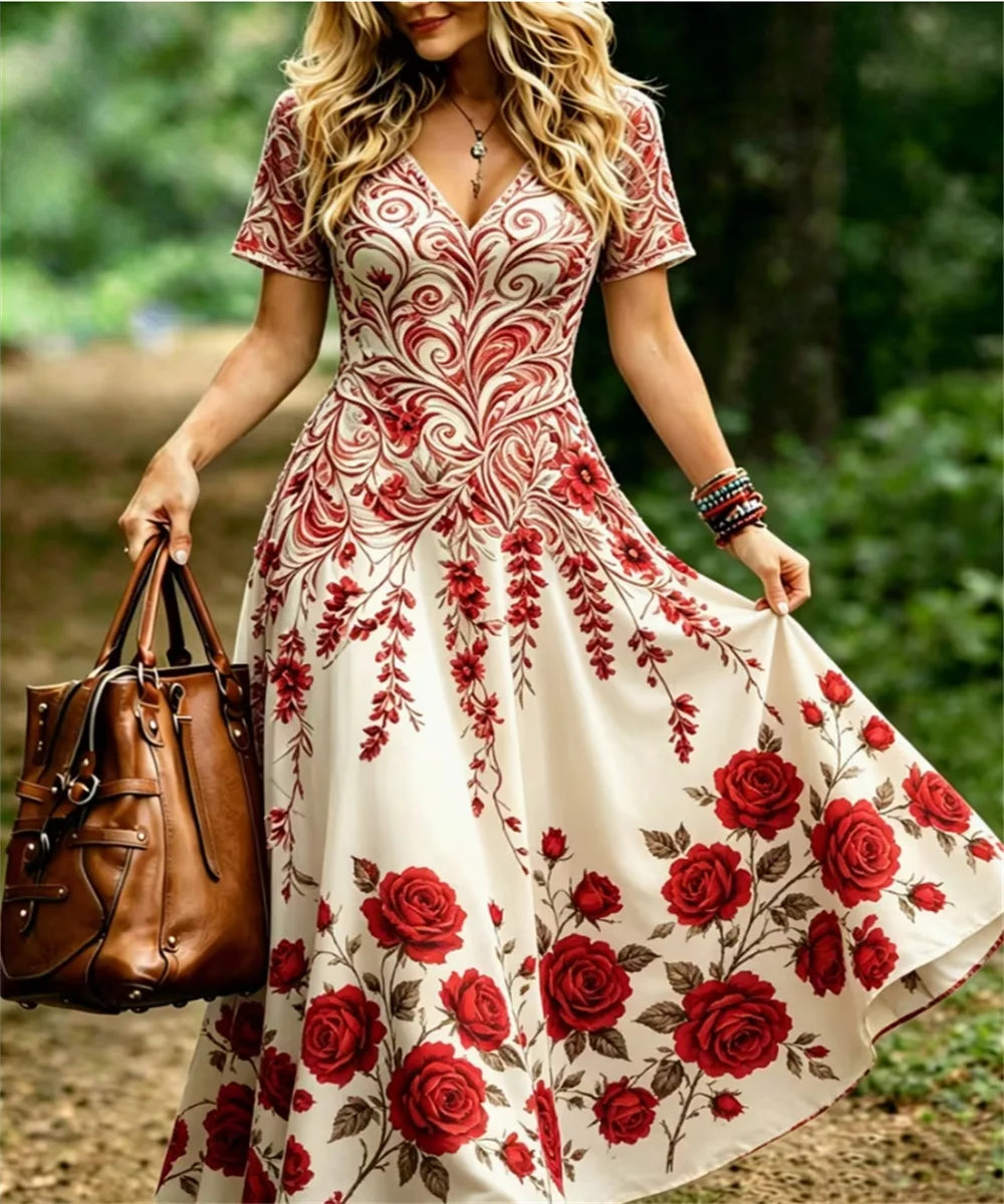 Ladies' Summer New Elegant Bell shaped Orchid Printed Women's Casual Dress, Comfortable Retro Dress with V-neck Short Sleeve