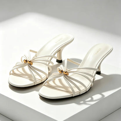White Narrow Band Design Mid Heel Women's Slippers Sexy Open Toe Slide Sandals for Ladies Metal Embellished Thin Heeled Sandals