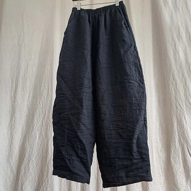High Quality New Spring Summer Arts Style Women Elastic Waist Loose Ankle-length Pants Solid 100% Linen Casual Harem Pants T425
