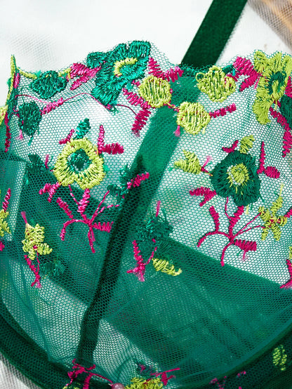 Green Floral Embroidery Lingerie Set 2PCS Sheer Mesh Bra & Panty Women Sexy Underwear Gift ZA824026