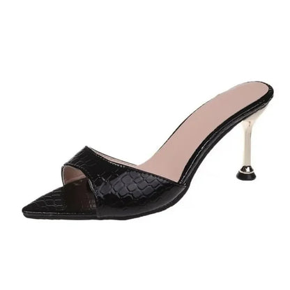 Snake Print Strappy Mule Women Thin High Heels Slippers Sandals Pointed Peep Toe Slides Party Flip Flops Shoes