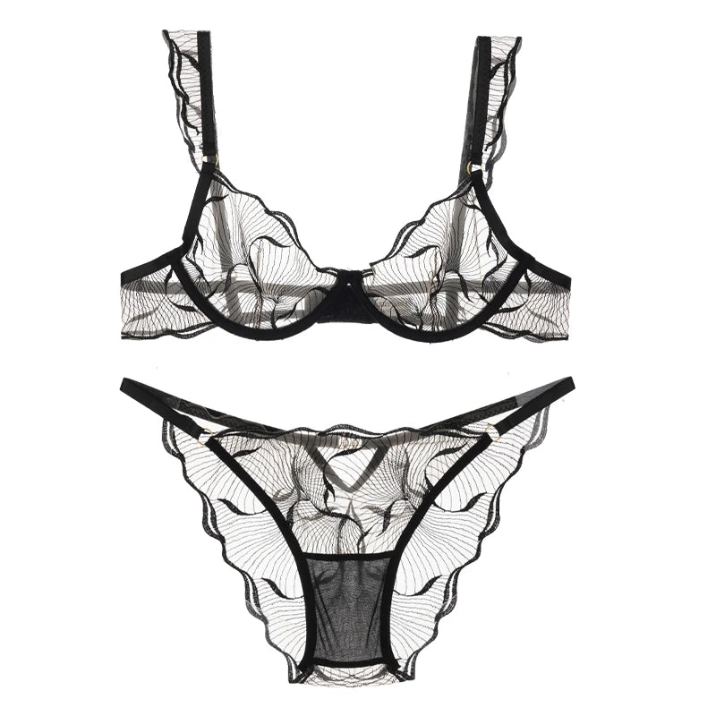Elegant Women Flower Embroidery Mesh Lingerie Set Adjustable Straps Underwire Bra Panty Transparent Intimates