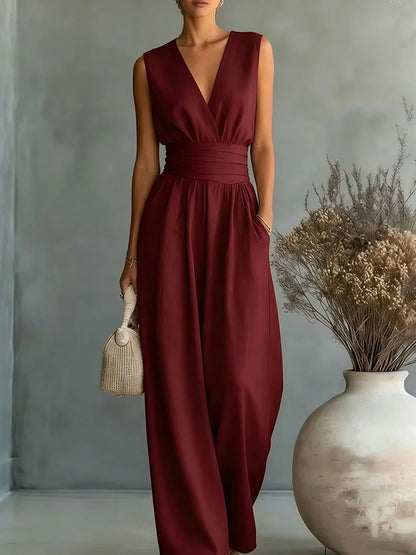 Women Elegant High Waist Jumpsuits Summer Short Sleeve Wide Leg Pants Romper Casual V Neck Solid Loose Jumpsuits Streetwear