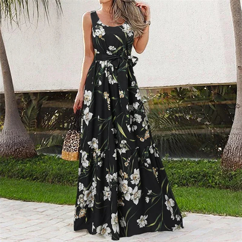 Summer Sweet Style Print Sleeveless Dresses Women High Waist Lace-up O Neck Pullover Dress Casual Female Frock Pleated Hem Gown