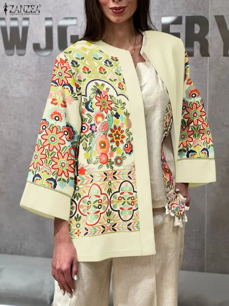 ZANZEA Bohemian Floral Printing Women Cardigan Autumn 2025 O-Neck Long Sleeve Open-Front Kimono Ethnic Style Woman Cover-Up Tops