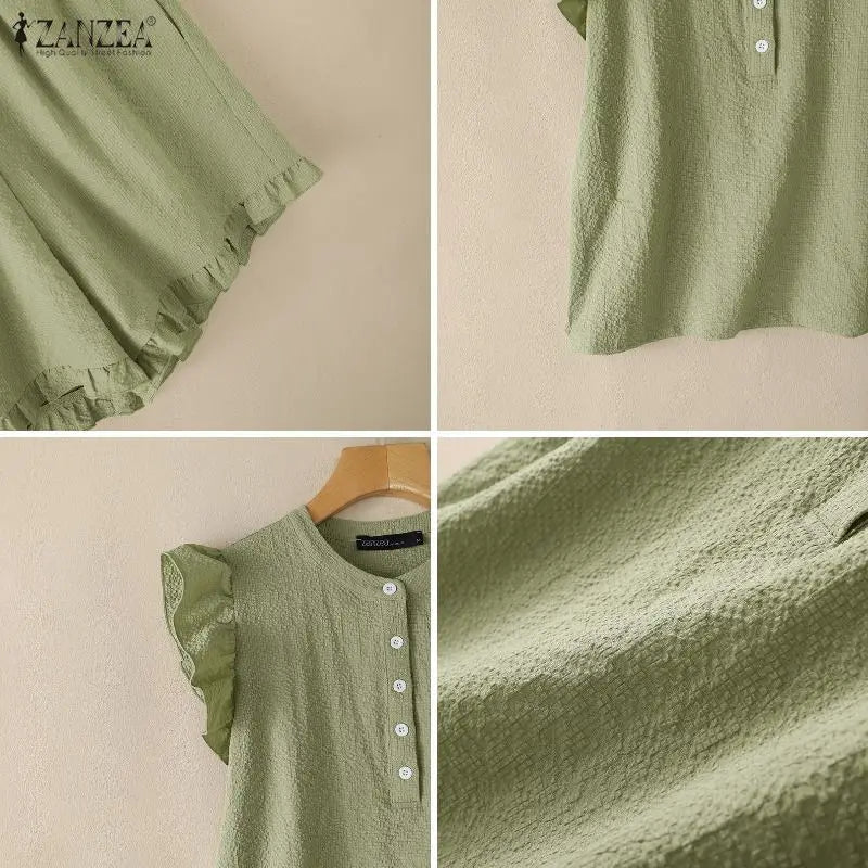 ZANZEA Women's Seersucker Grid Short Sets Ruffles Sleeves Tops & Elastic Waist Shorts 2-Piece Sets Summer Casual Daily Co-ords