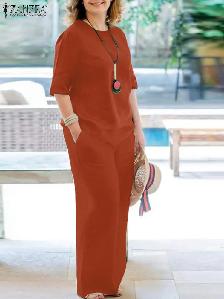 ZANZEA Women 2 -piece Sets Cotton Suit Half Sleeve Blouse & Trousers Causal Pant Sets Fashion Tracksuits Summer Work Outfits