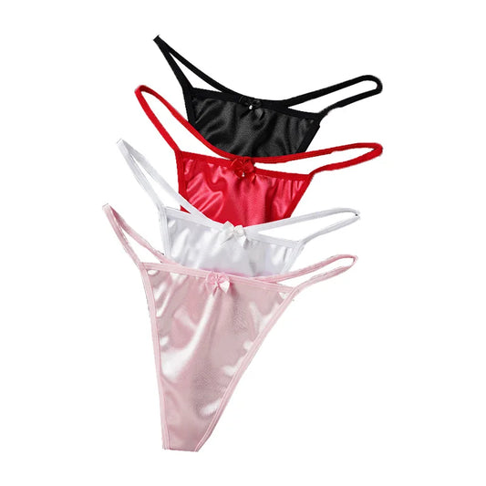 1/3Pcs Women Satin Thong Underwear Sexy Low Waist Bow G-string Cotton Crotch T-back Panties M-2XL