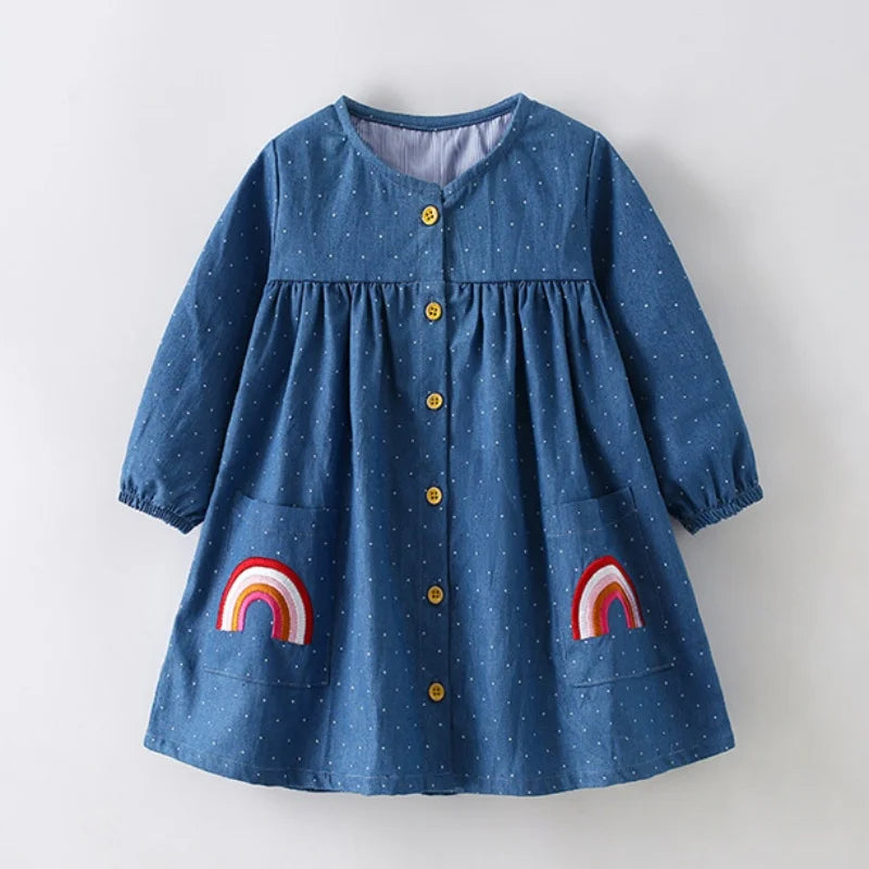 2026 Spring Autumn New 3 4 6 8 10 12 Years Embroidery Flower Long Short Sleeve Double Use Denim Blue Kids Girl Dress With Belt