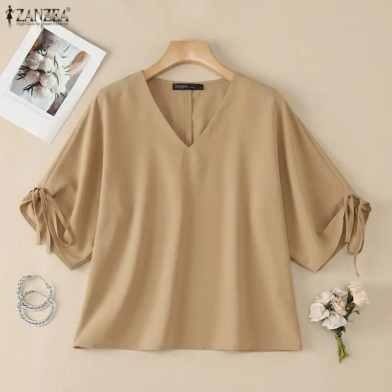 ZANZEA Woman Summer Loose Blouses Casual V-Neck Half Sleeve Tied Cuffs Solid Color Tops Fashion Daily Streetwear Blusas Mujer