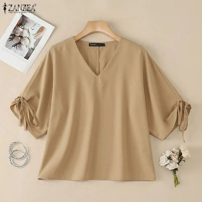 ZANZEA Woman Summer Loose Blouses Casual V-Neck Half Sleeve Tied Cuffs Solid Color Tops Fashion Daily Streetwear Blusas Mujer