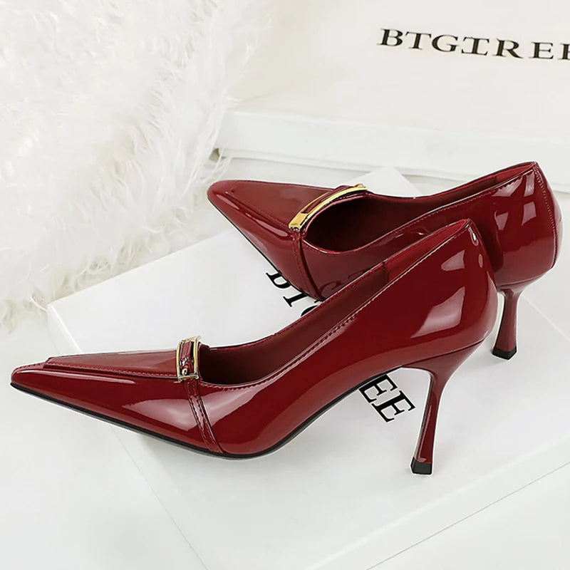 BIGTREE Shoes Patent Leather Women Pumps Sexy Metal Buckle High Heels Stiletto  8 Cm Occupation Office Shoes Banquet Shoes 2026