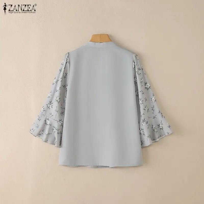 ZANZEA 2026 Elegant Women's Blouses V-Neck Floral Printed 3/4 Sleeve Loose Tops Spring Summer Casual and Day Woman Clothes 3XL