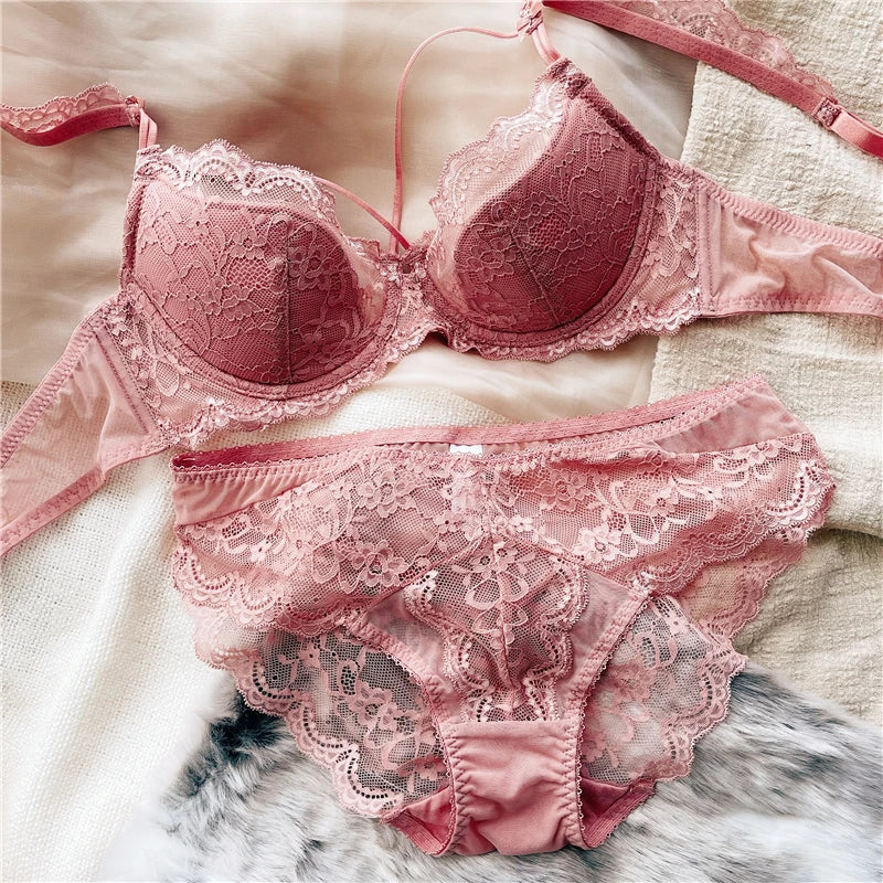 2 Pieces Sexy Lace Push Up Bra Set Women Ultra-thin Cup Bralette Breathable Plus Size Underwear Classic Hollow Bras and Panties