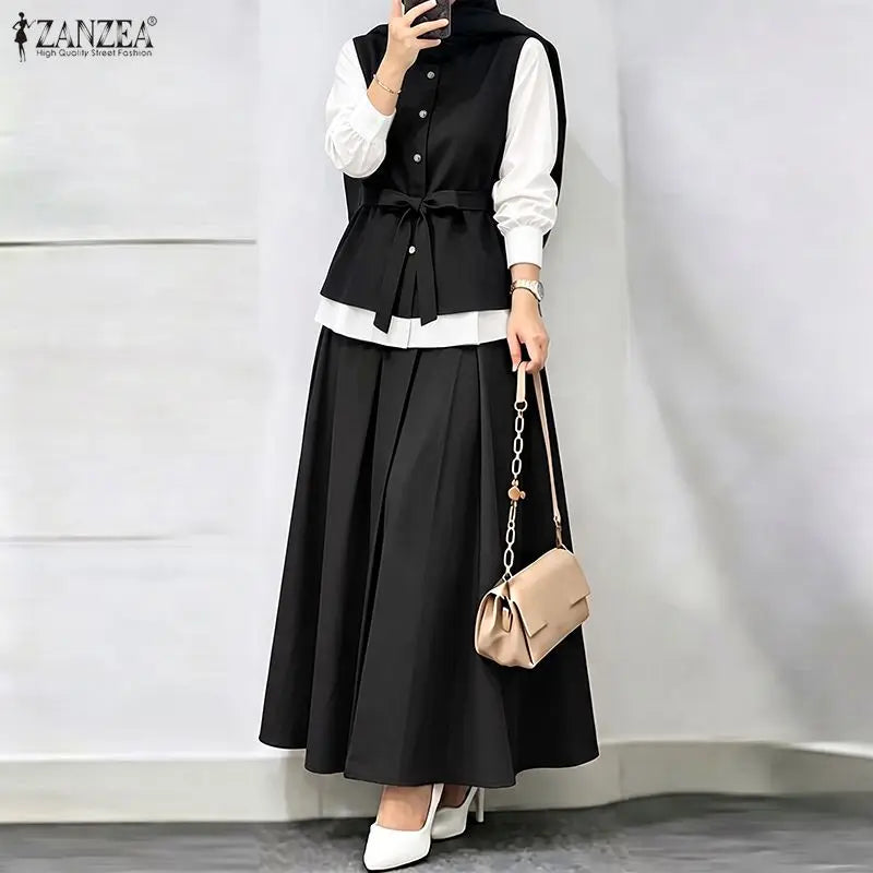 ZANZEA Autumn Outfits Elegant Long Sleeve Patchwork Blouse A Line Pleated Maxi Skirt Suit Women Muslim Two Piece Sets Ramadan
