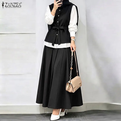 ZANZEA Autumn Outfits Elegant Long Sleeve Patchwork Blouse A Line Pleated Maxi Skirt Suit Women Muslim Two Piece Sets Ramadan