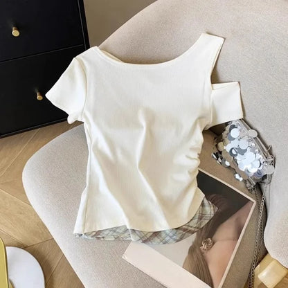 Girls Off Shoulder Fake Two Piece T-Shirt Short Sleeve Summer Kids Top Slim Fit Color Block Splicing Tee for Big Girls Age 7-14