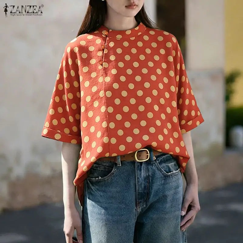 ZANZEA Summer Woman Polka Dot Blouses Vintage Mandarin Collar Half Sleeve Loose Tops Casual Daily Cotton Linen Blusas de Mujer