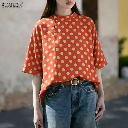 ZANZEA Summer Woman Polka Dot Blouses Vintage Mandarin Collar Half Sleeve Loose Tops Casual Daily Cotton Linen Blusas de Mujer