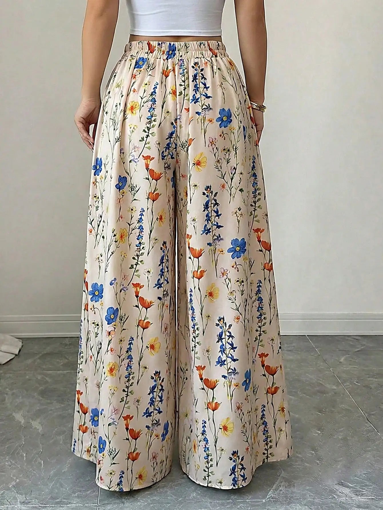 Vintage Floral Print High Waist Flowy Wide Leg Pants, Split Loose Beach Palazzo Pants