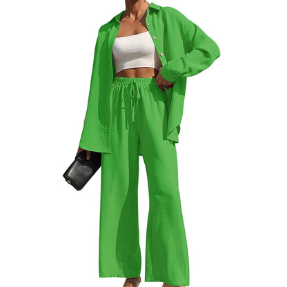 Women's Solid Button Front Shirt & Tie Front Wide Leg Pants Two-piece Set, Casual Drop Shoulder Long Sleeve Blouse Top & Trouser